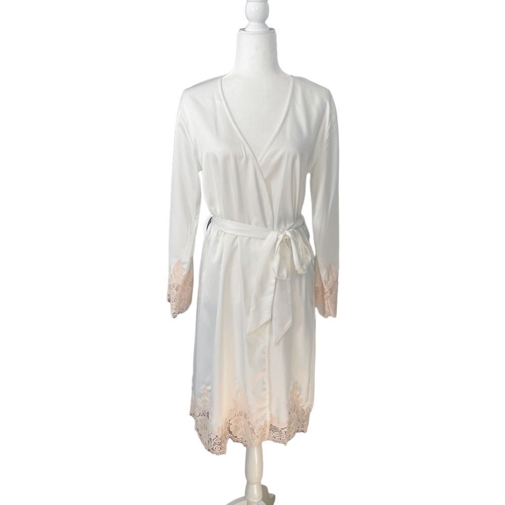 Homebodii White Bride Robe Embroidered with Pink Blush Lace Trim
